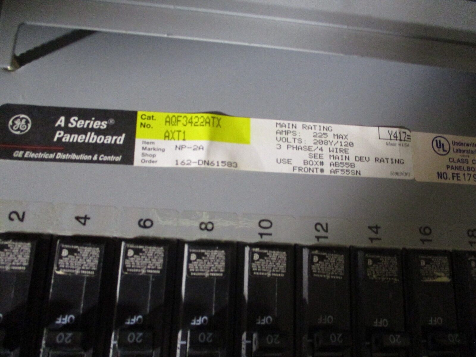 GE Main Breaker Circuit Breaker Panel AQF3422ATX 225A Max, 125A Main 208Y/120V