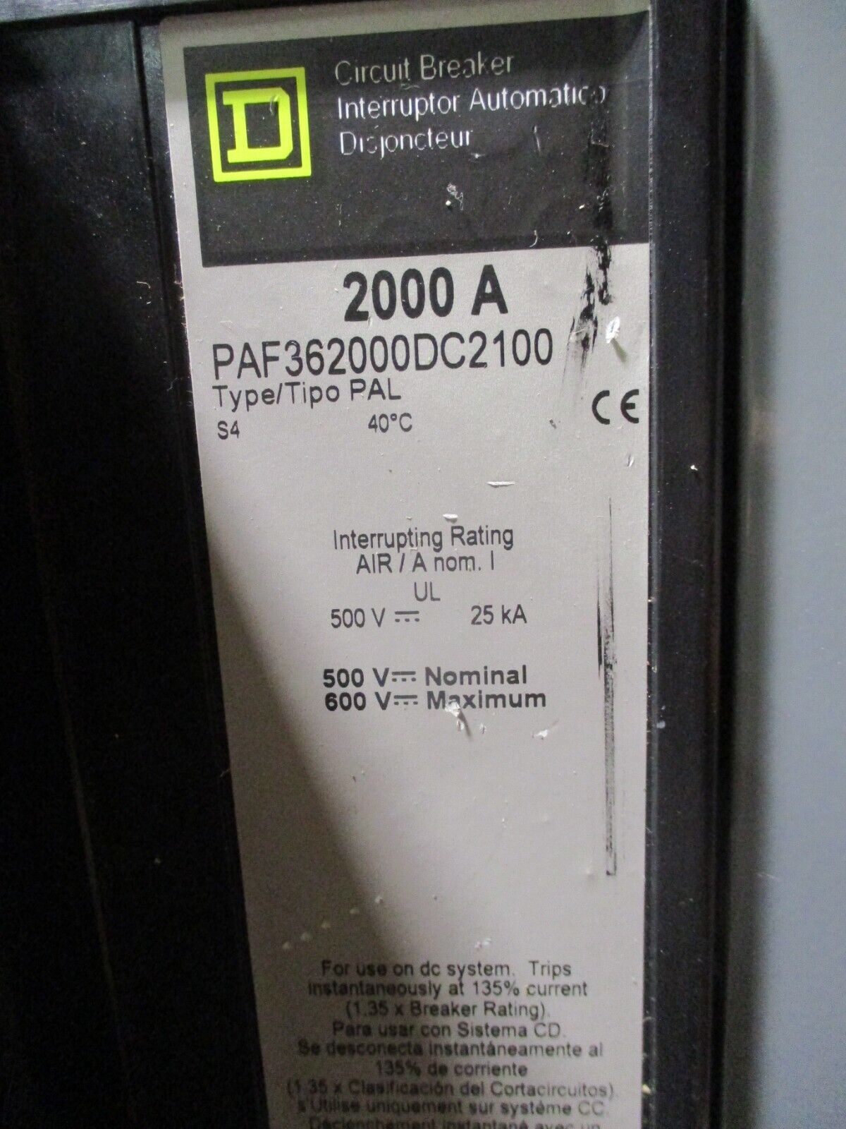 Square D DC Breaker Disconnect PAF362000DC2100 2000A 500VDC Encl: 19410373-001