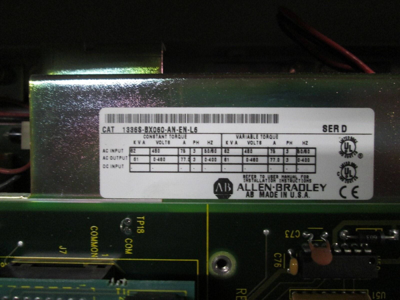 Allen-Bradley 1336 Plus AC Drive w/ Bypass 1336S-BX060-AN-EN-L6 60HP 3Ph Used