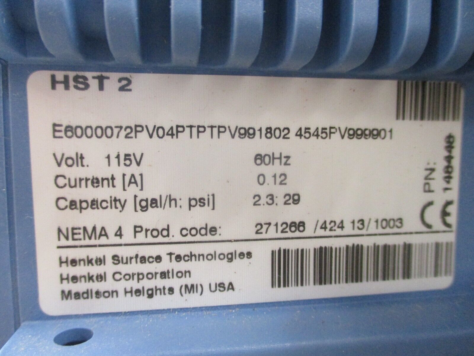 Henkel HST 2 Pump E6000072PV0PTPTPV9918024545PV999901 2.3 gal/h 115V New Surplus