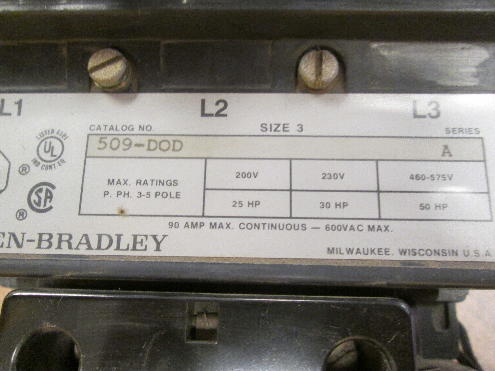 Allen-Bradley Size 3 Starter 509-D0D 90A 600V 115-120V Coil Used