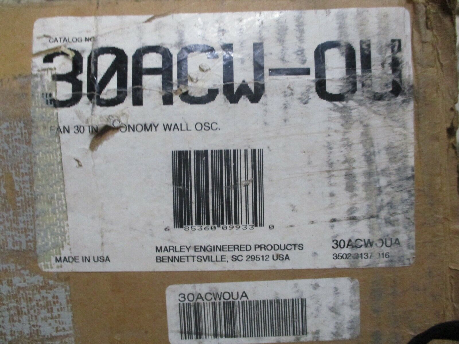 Marley Industrial Oscillating Fan 30ACW-OU 30" Wall Mount New Surplus