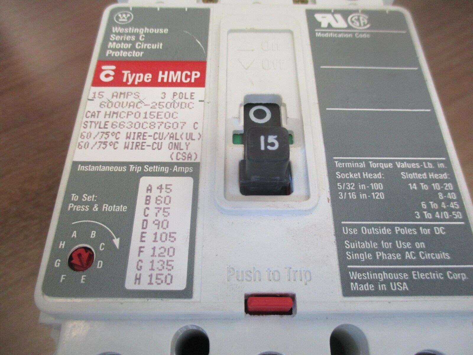 Westinghouse Circuit Breaker HMCP015E0C 15A 600V 3P Used