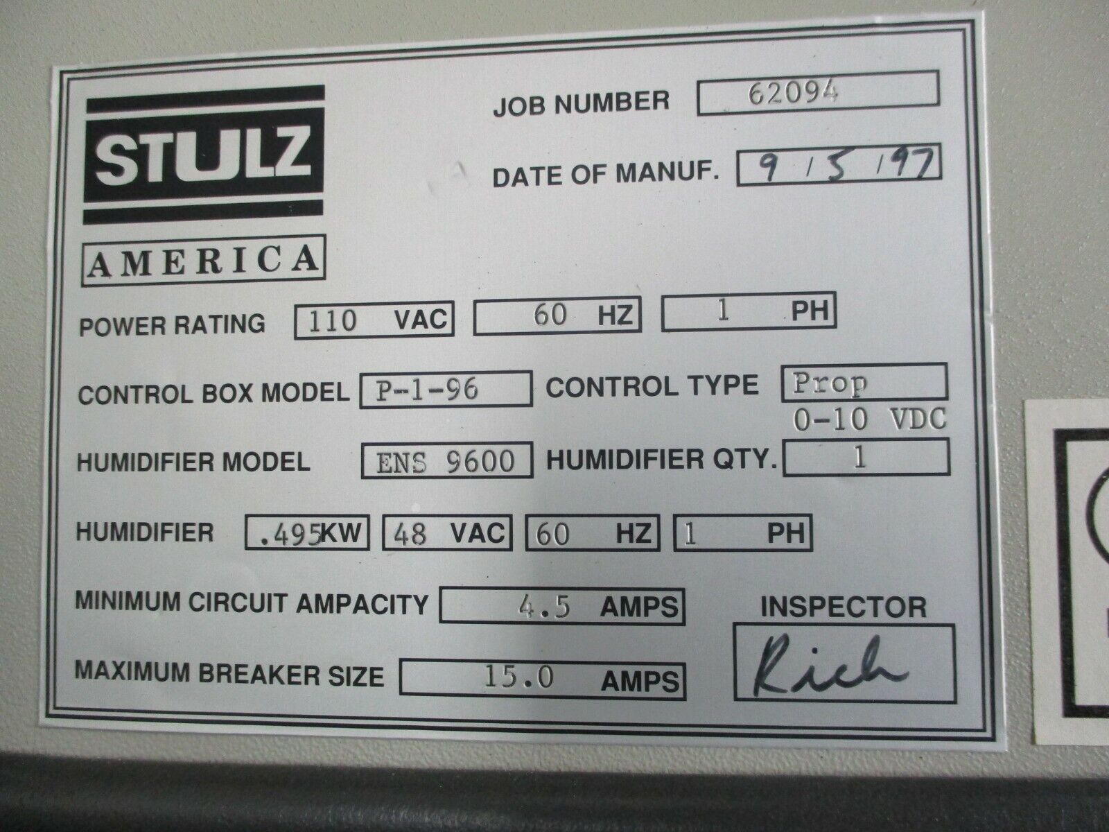 Stulz Ultrasonic Humidifier Control Box P-1-96 110VAC 60Hz 1Ph Used