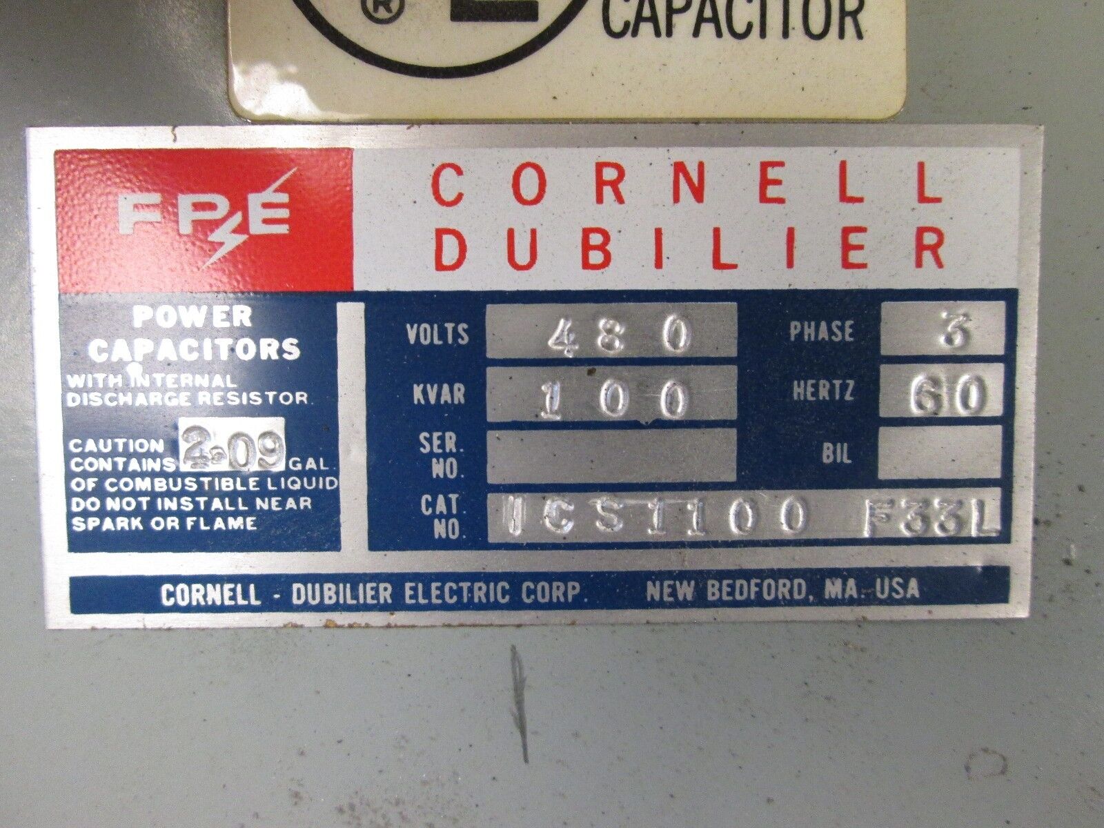 Cornell Dubilier Power Capacitor ICS1100 F33L 100 KVAR 480V 60Hz 3Ph Used