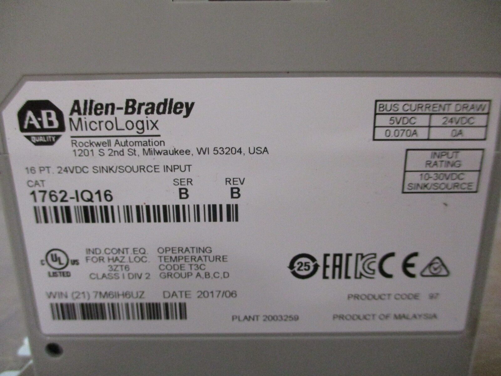 Allen-Bradley MicroLogix Sink/Source Input Module 1762-IQ16 Ser. B Rev. B 24VDC