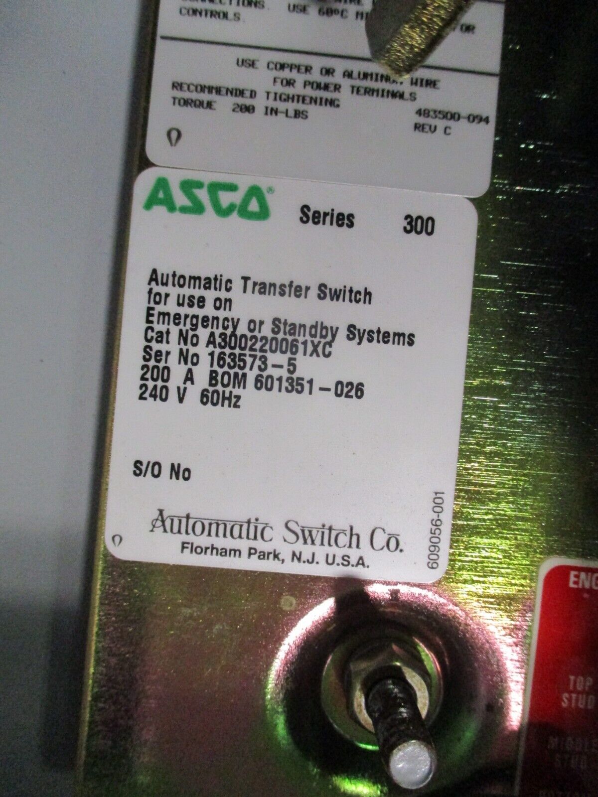 Asco Series 300 Automatic Transfer Switch A300220061XC 200A 240V 3R/12 Enc. Used
