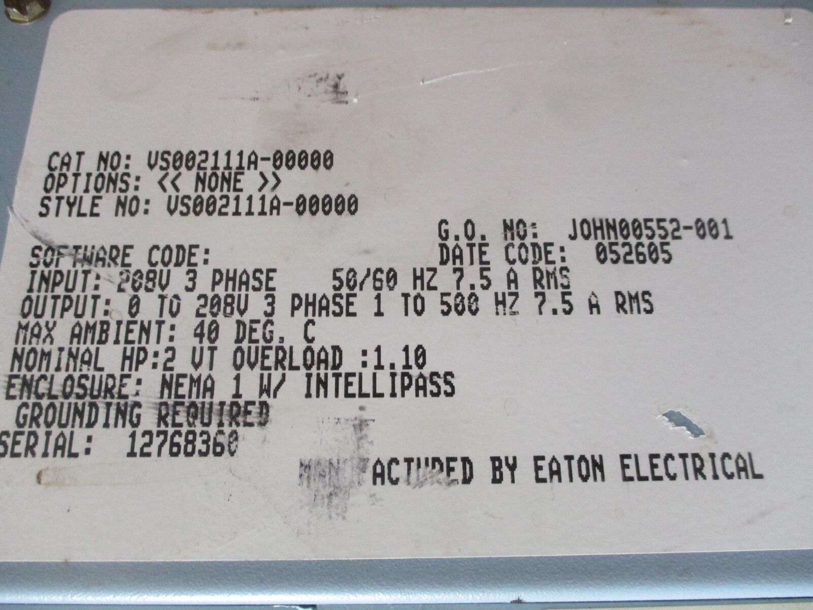 Johnson Controls AC Drive w/ Intellipass Bypass VS002111A-00000 2HP Used