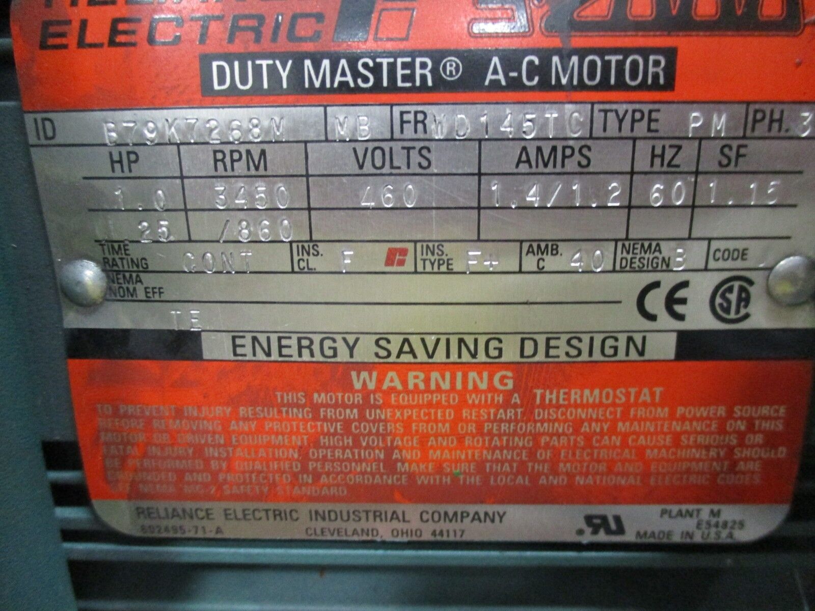 Reliance S-2000 Duty Master AC Motor w/ Gear & Brake B79K7268M 1HP Used