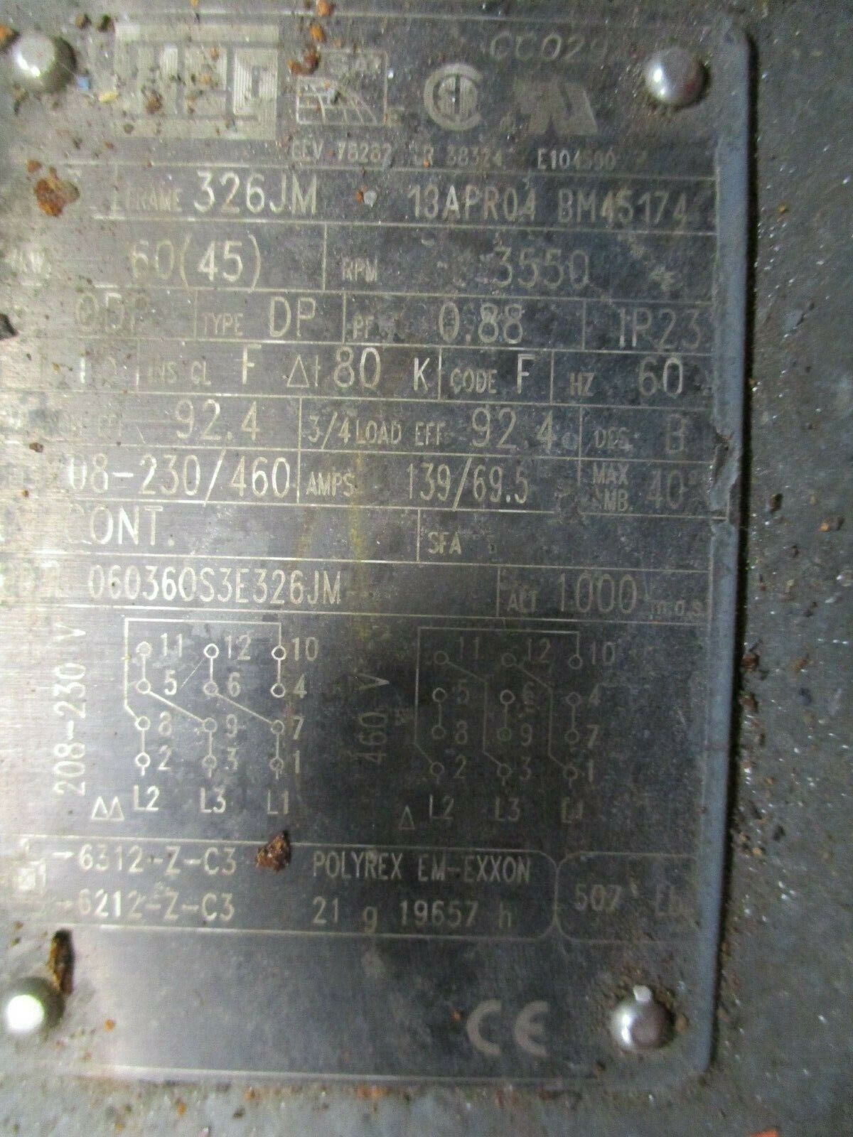 WEG AC Motor 06036OS3E326JM 60HP 3600RPM 208-230/460V 139/69.5A 60Hz 3Ph Used