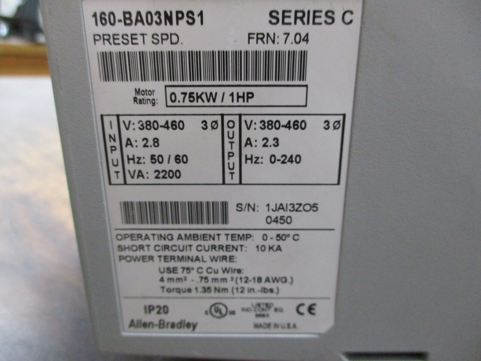 Allen-Bradley Speed Controller 160-BA03NPS1 Ser. C FRN: 7.04 1HP Used