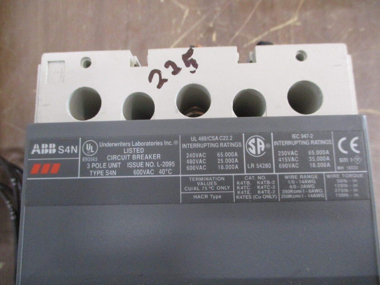 ABB SACE S4 Circuit Breaker S4N PR211 250A 600V 3P Used