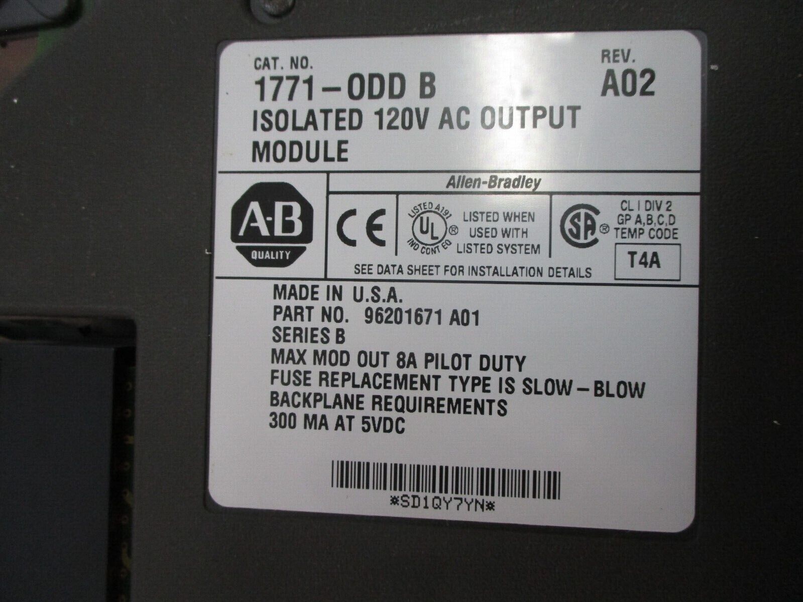 Allen-Bradley Isolated AC Output Module 1771-ODD B Rev. A02 120V Used