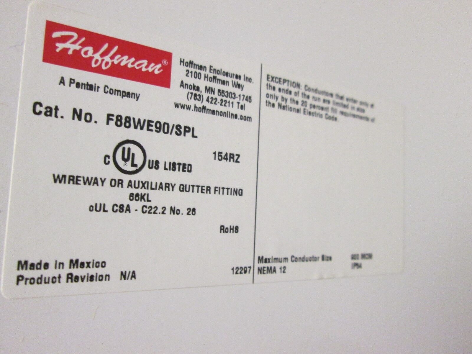 Hoffman Wireway 90 Degree Elbow F88WE90 Size 8x8" New Surplus