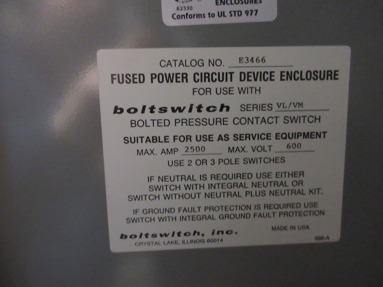 Boltswitch Bolted Pressure Contact Switch EVM3610-ST 2000A 600V 3P 3W Used