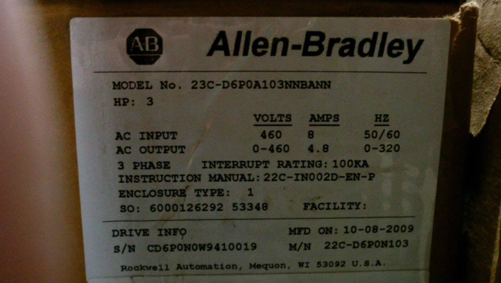 Allen-Bradley PowerFlex 400 AC Drive w/Bypass 23C-D6P0A103NNBANN 3HP New Surplus