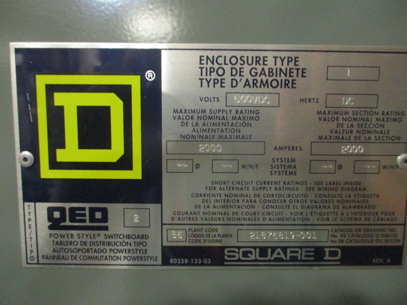 Square D DC Breaker Disconnect PAF362000DC1625 2000A Encl: 21876819-001 500VDC