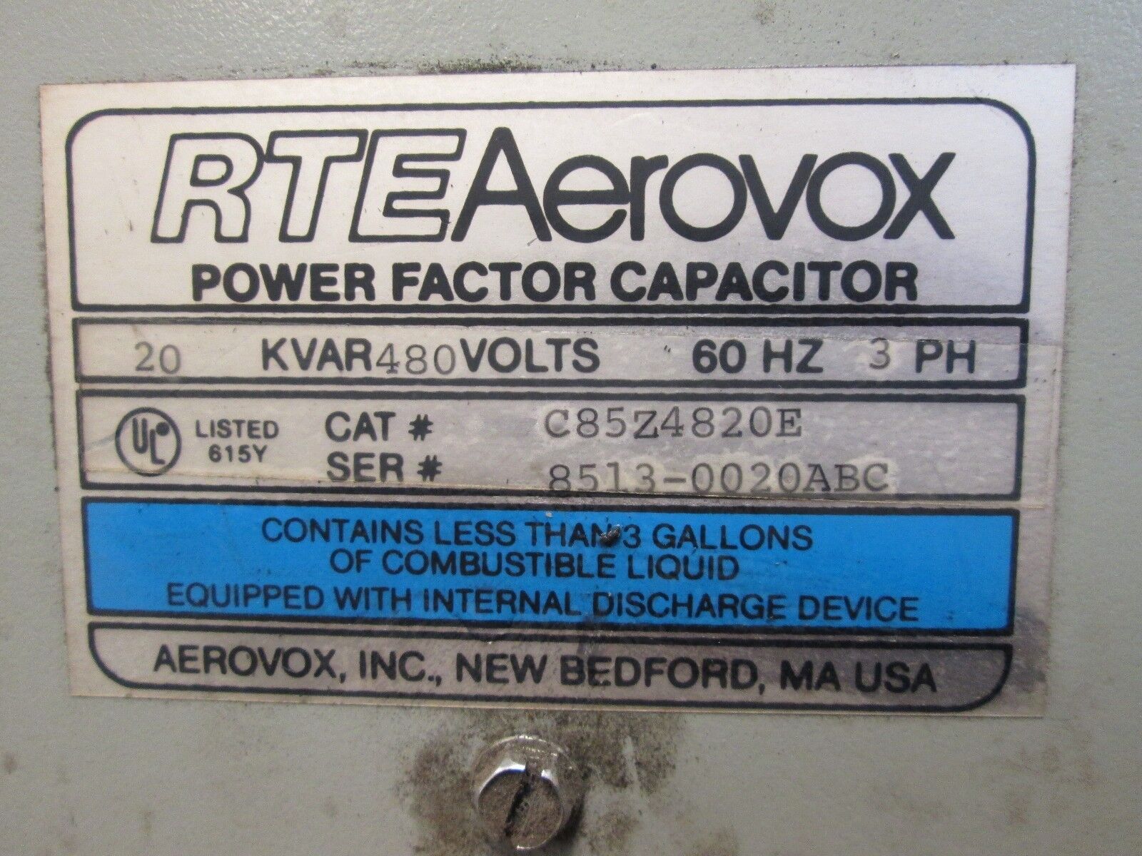 RTE Aerovox Power Factor Capacitor C85Z4820E 20 KVAR 480V 60Hz 3Ph Used