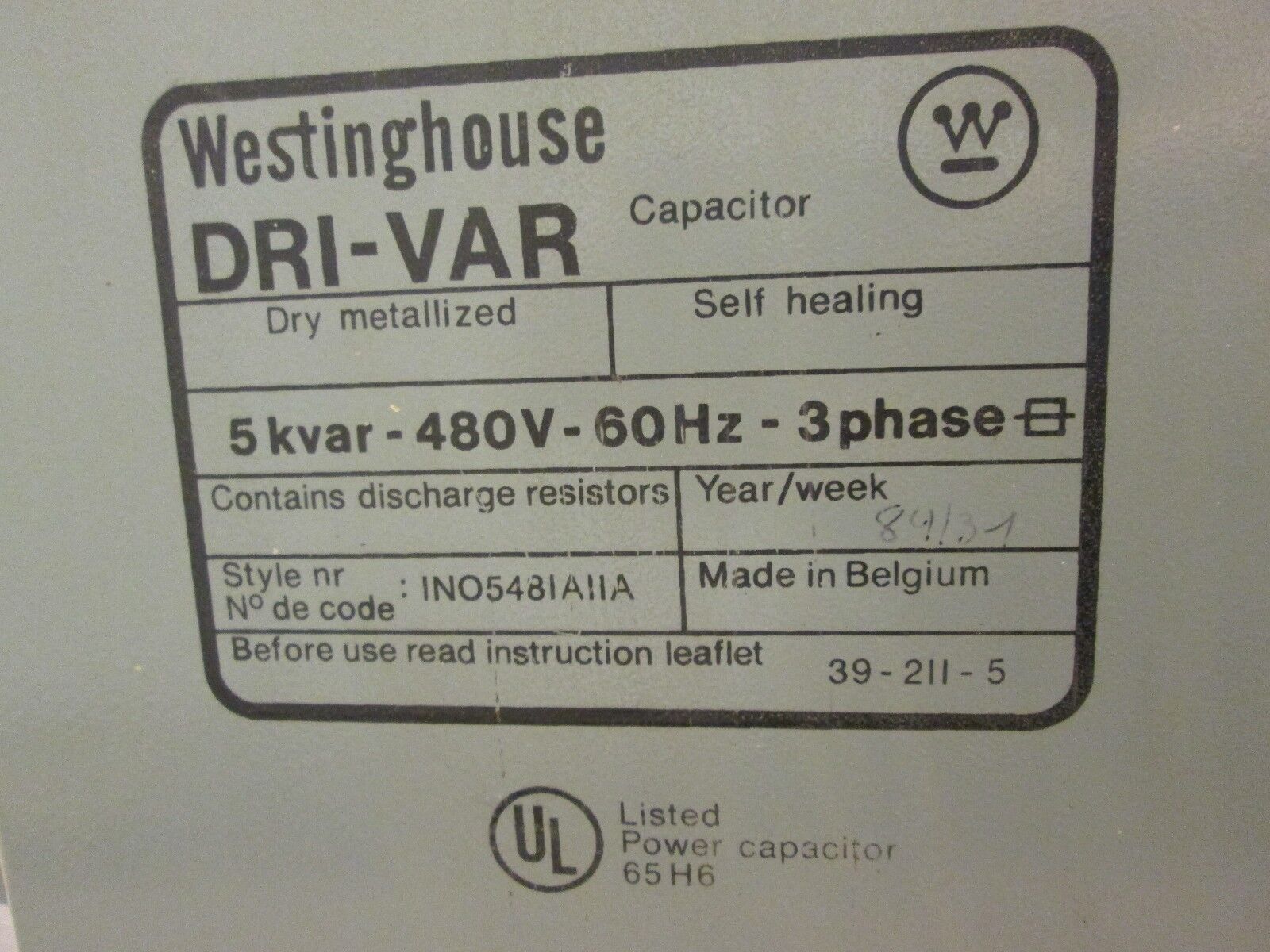 Westinghouse Dri-Var Capacitor 1N05481A11A 5kvar 480V 60Hz 3Ph Used