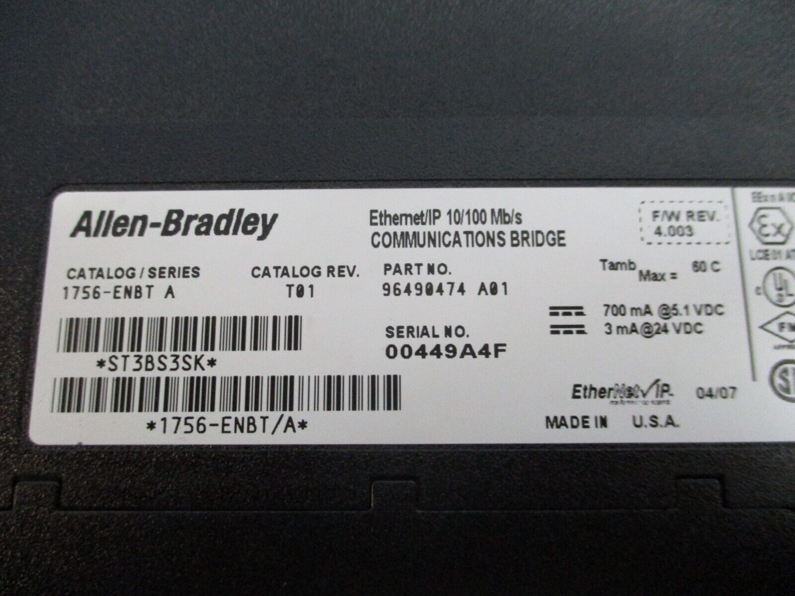Allen-Bradley Ethernet/IP Comm. Bridge Module 1756-ENBT Ser. A Rev. T01 Used