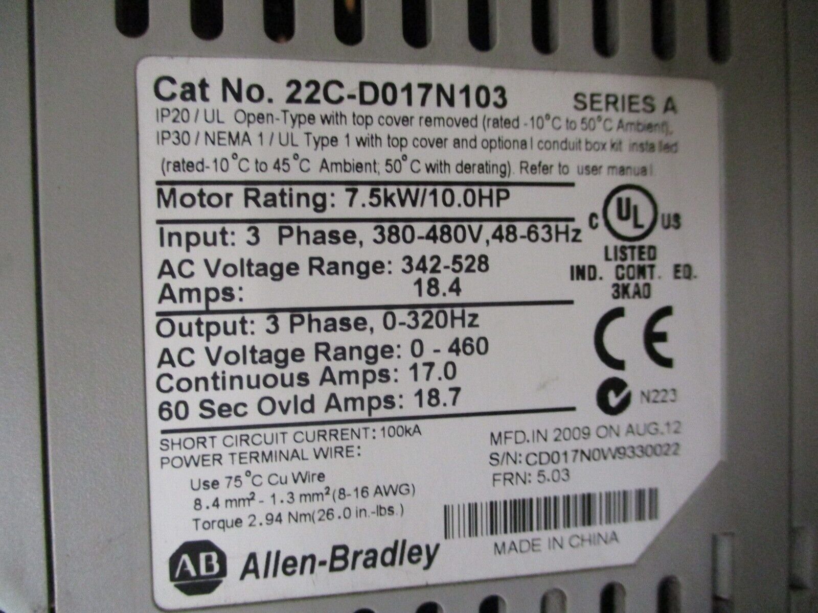 Allen-Bradley PowerFlex 400 AC Drive 22C-D017N103 Ser. A 10HP 3Ph Used