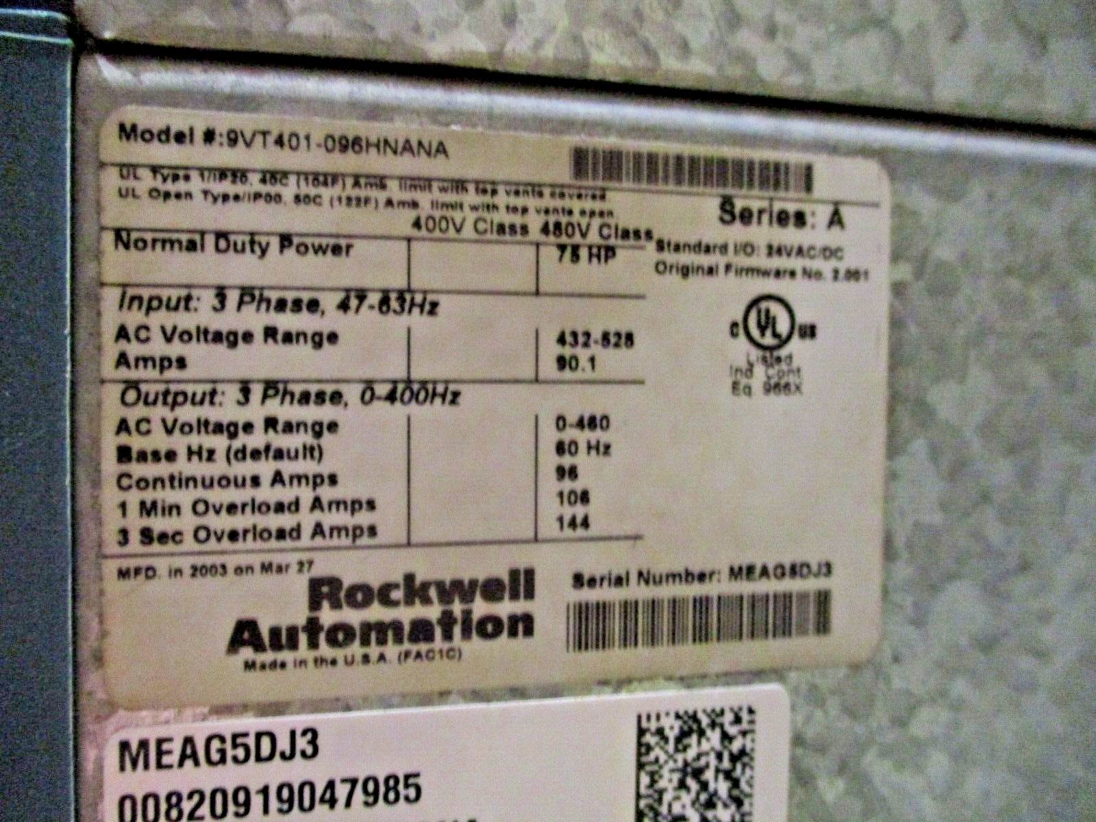 Rockwell Automation VTAC9 AC Drive 9VT401-096HNANA 75HP 3Ph *No Keypad* Used