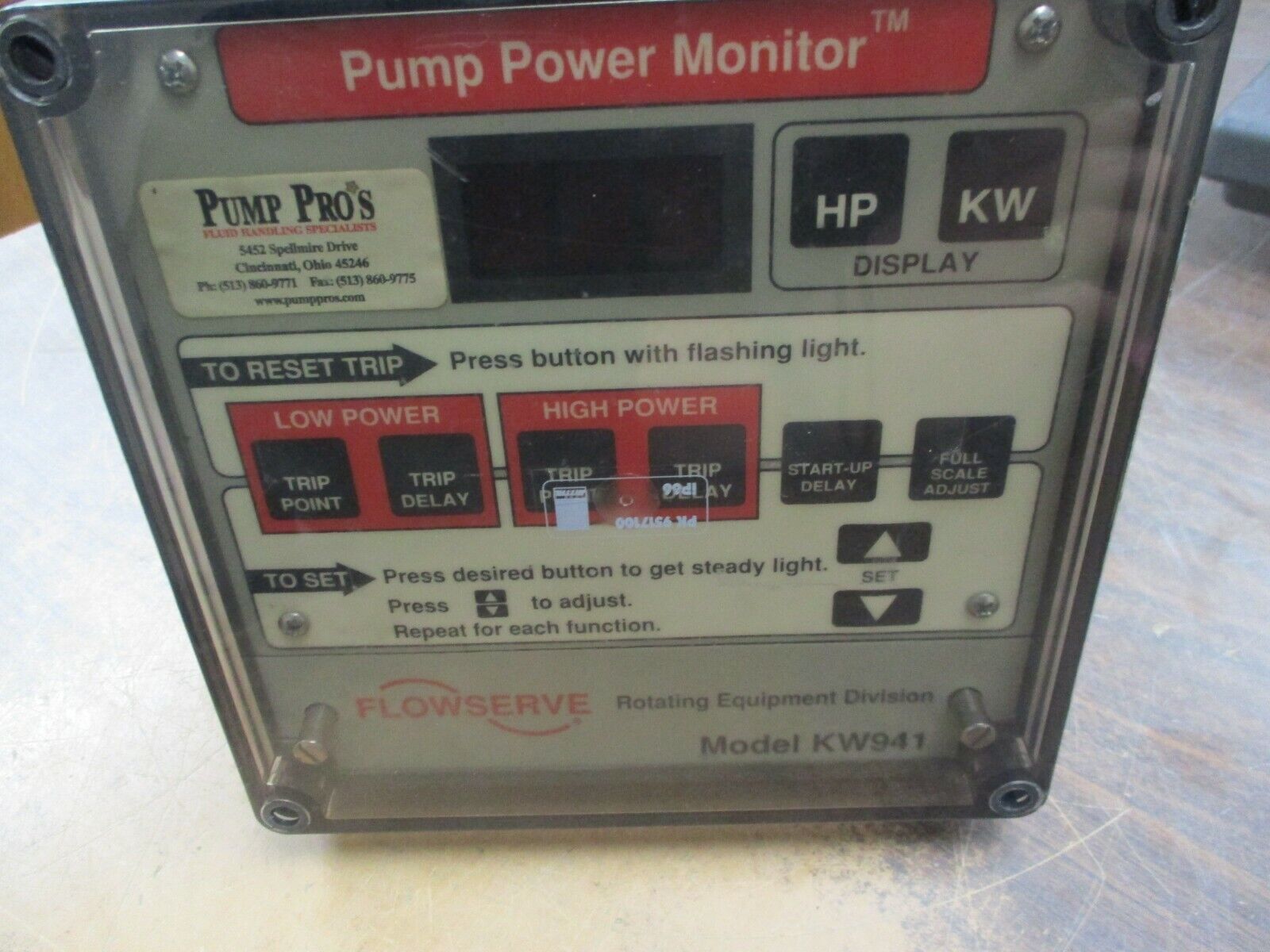Flowserve Model KW 941 Pump Power Monitor AY56930B Input:110-120V 60Hz 0.2A Used