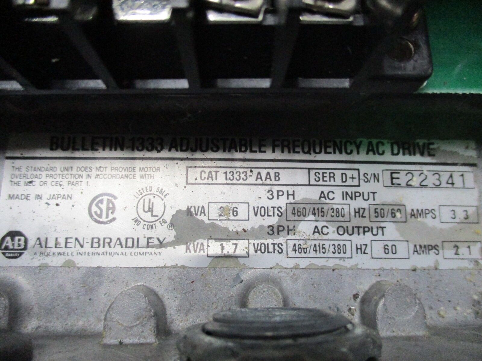 Allen-Bradley 1333 AC Drive 1333-AAB Ser. D+ 1HP 3Ph 460/415/380V Used