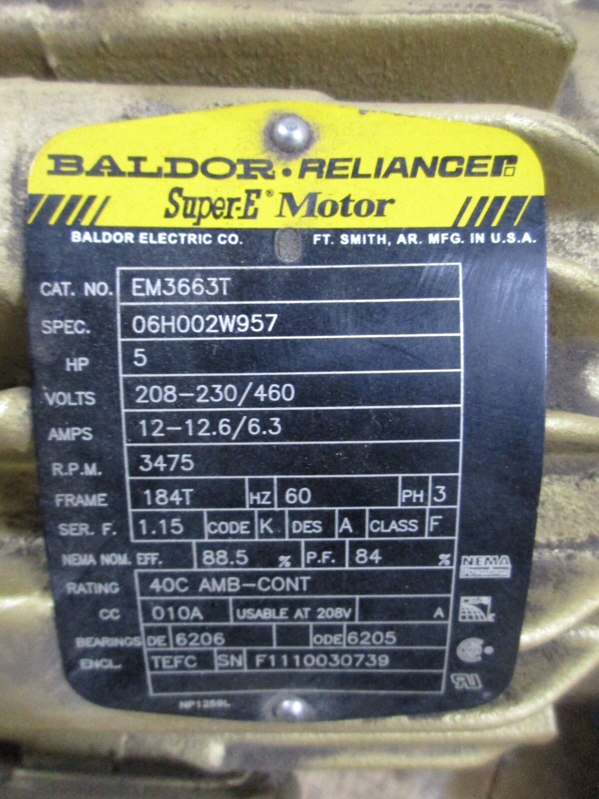 Baldor Reliance Super-E Motor EM3663T 5HP 3475RPM 208-230/460V 184T Frame Used