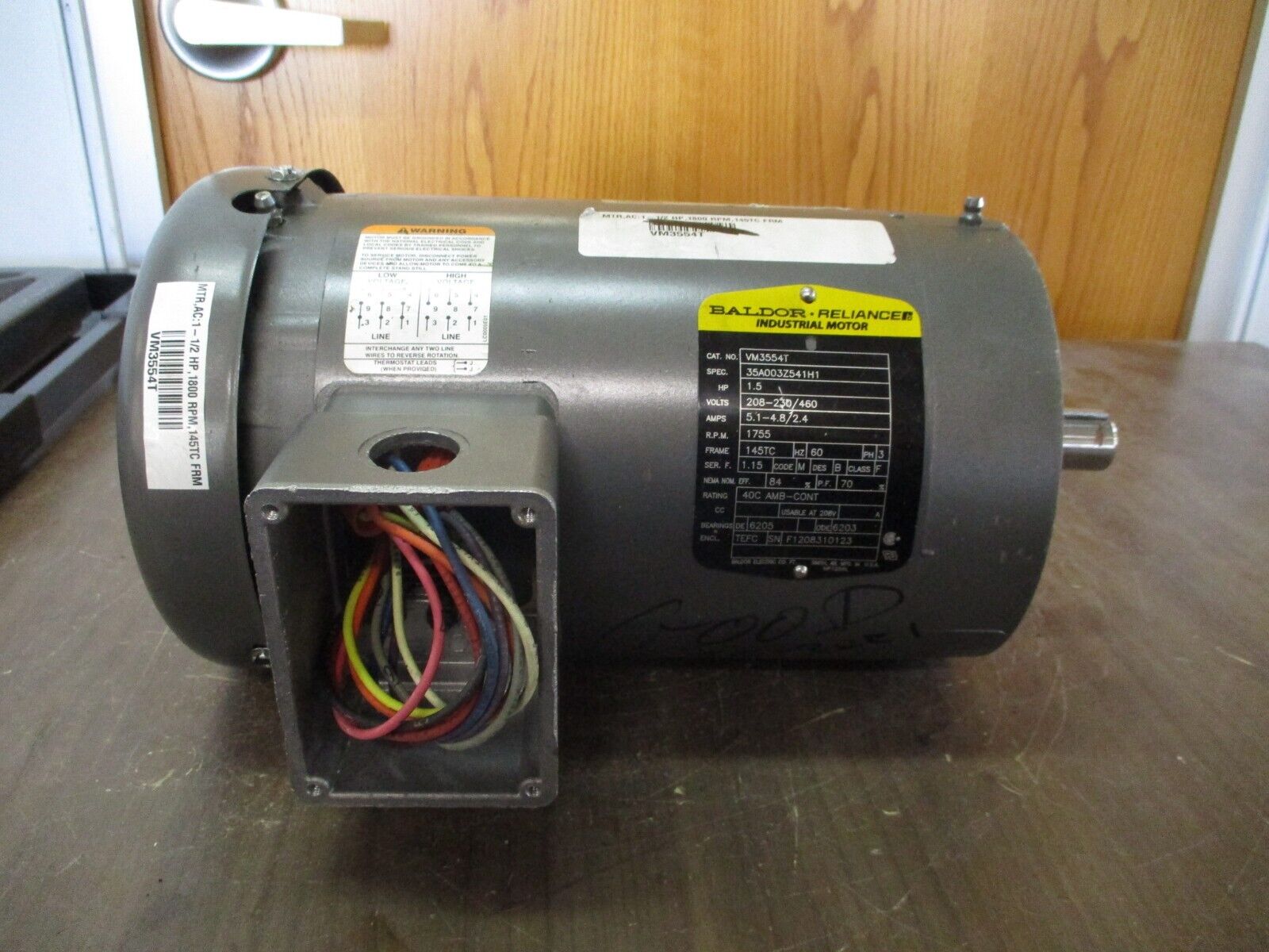 Baldor Motor VM3554T 1.5HP 1800RPM 208-230/460V 5.1-4.8/2.4A 60Hz Used