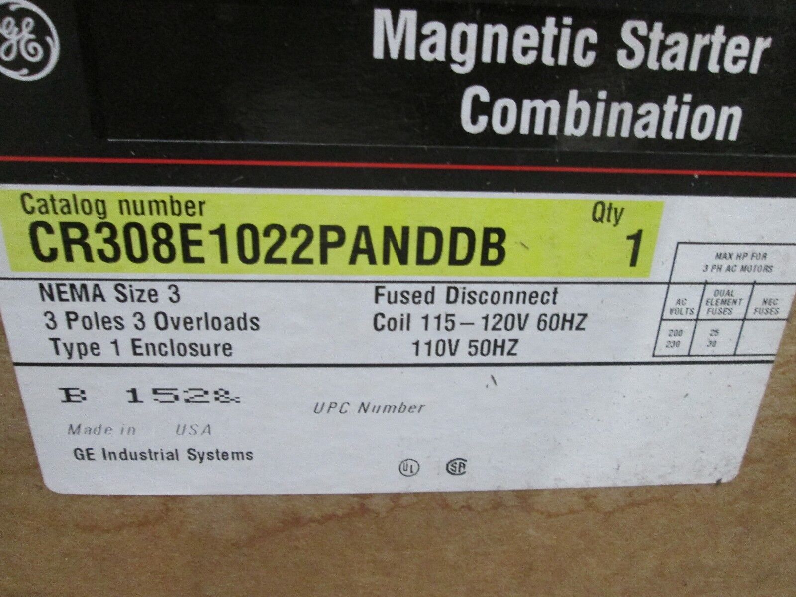 GE Fusible Combination CR308E1022PANDDB Size 3, 3P Type 1 Enclosure New Surplus