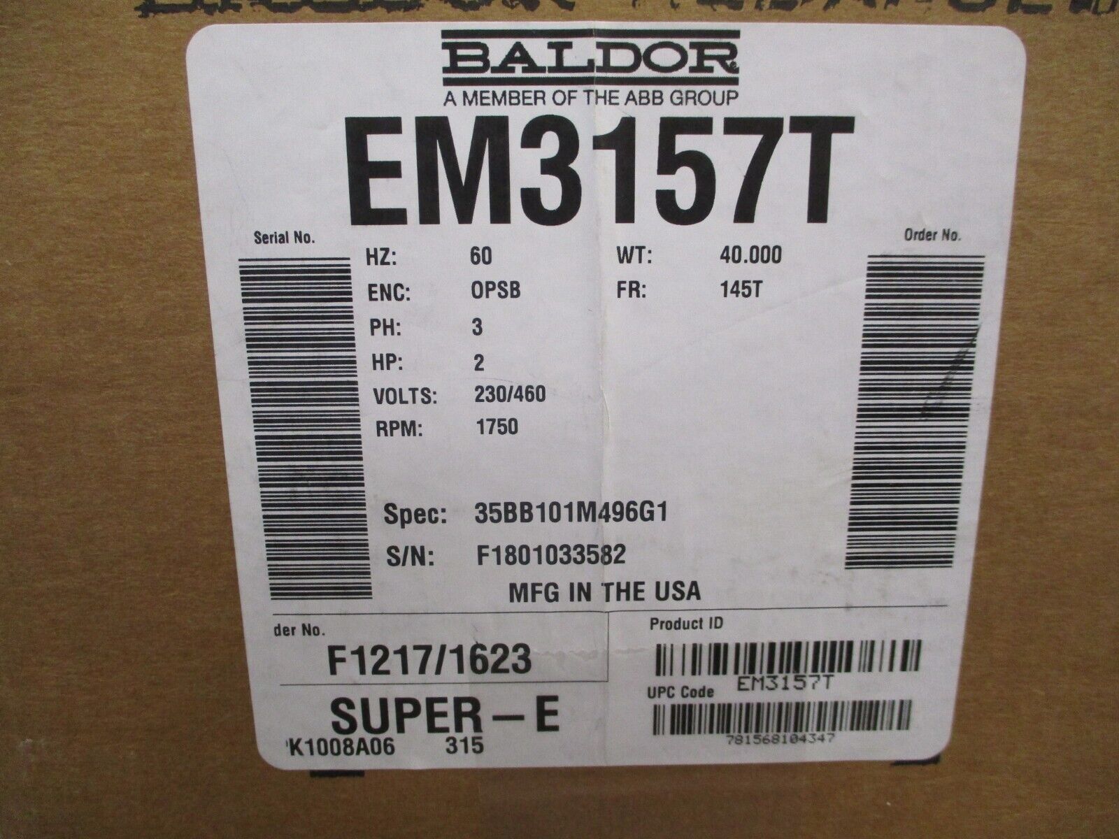 Baldor Motor EM3157T 2HP 1800RPM 230/460V 5.6 / 2.8A 3Ph 60Hz New Surplus