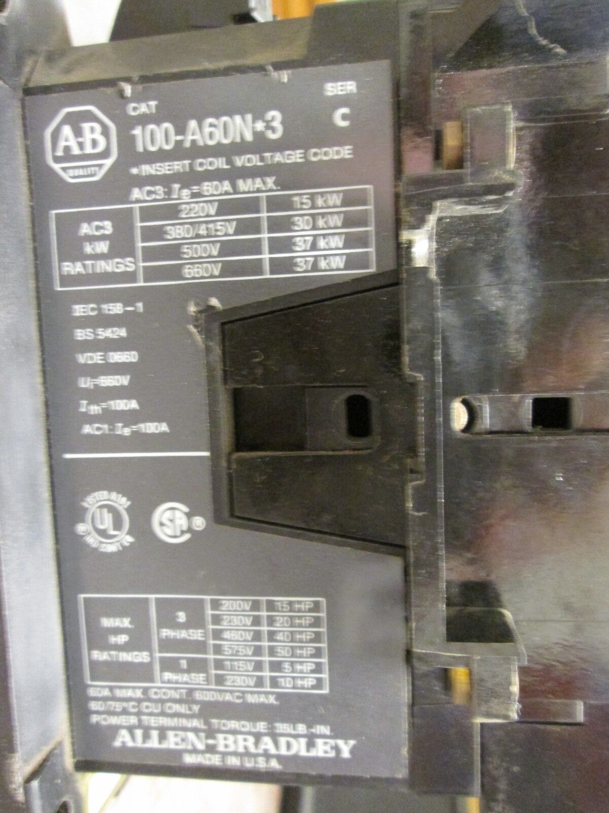 Allen-Bradley Contactor 100-A60N*3 120V Coil 60A 600V Used