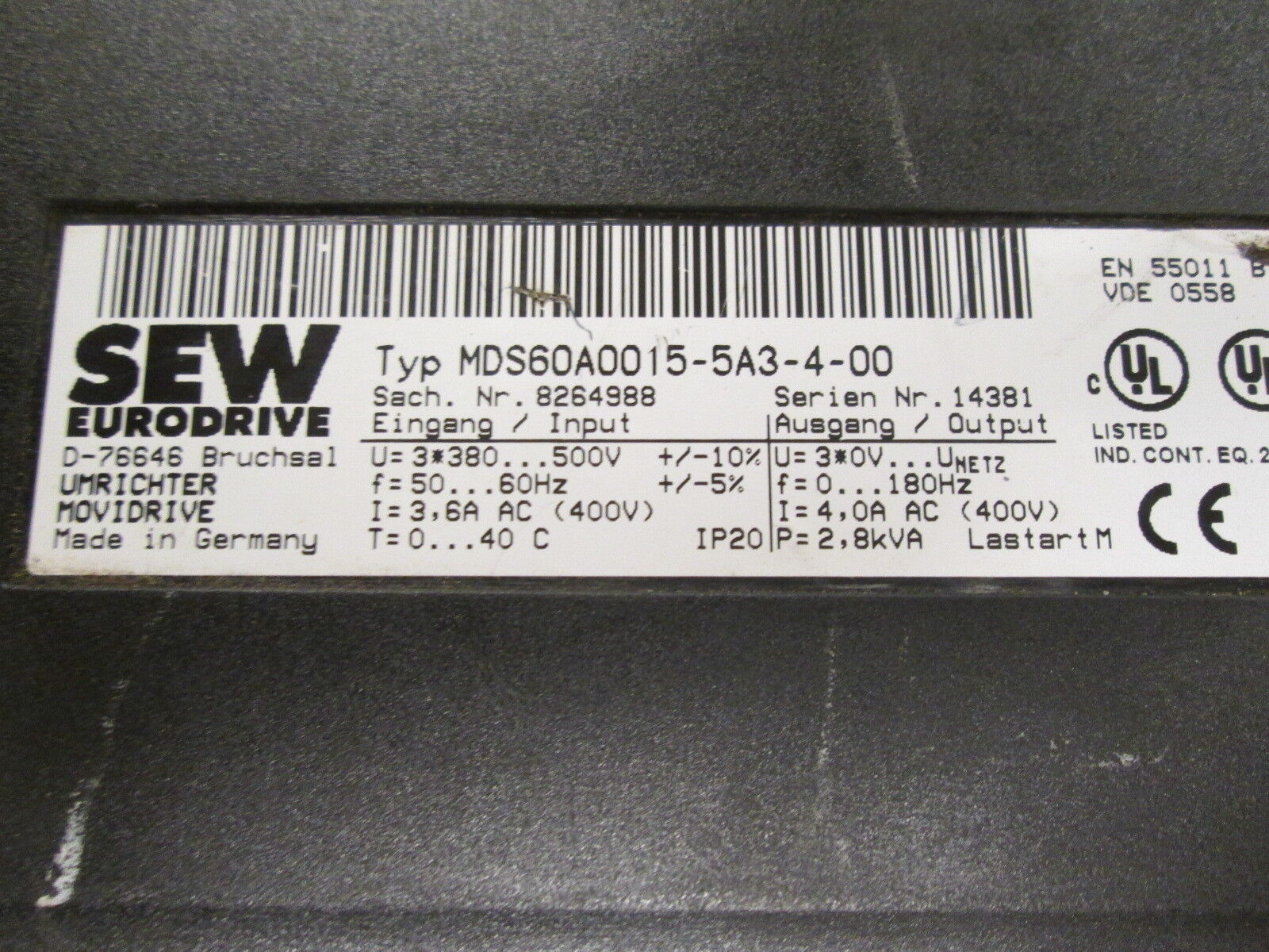 SEW-Eurodrive Movidrive MDS60A0015-5A3-4-00, *Missing Cover, No Keypad* Used