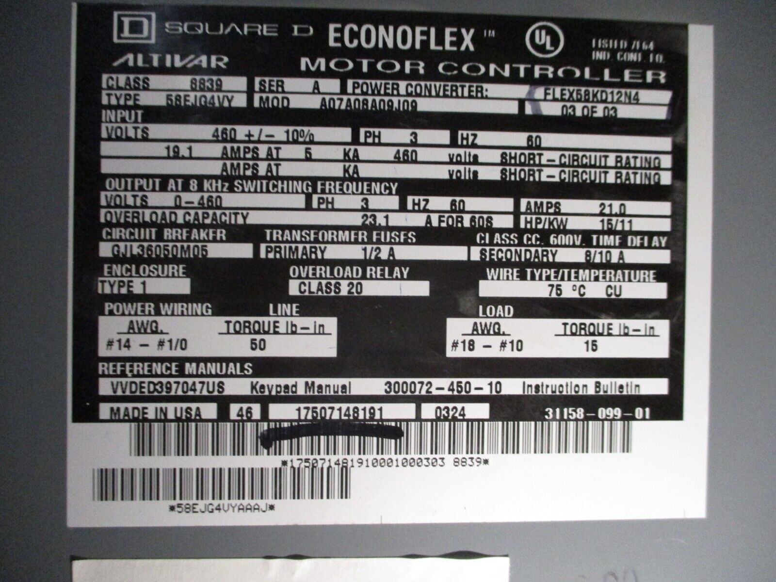 Square D Econoflex Altivar AC Drive w/ Bypass 8839 58EJG4VY Ser. A 15HP 3Ph Used