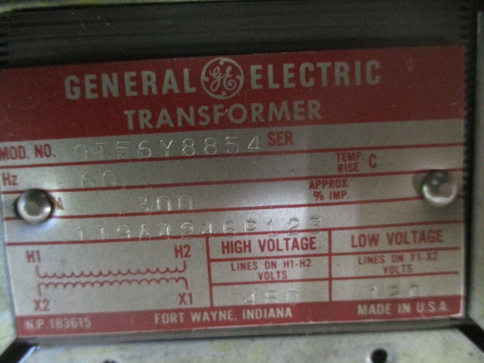GE Transformer 9T56Y8854 0.300KVA Pri: 480V Sec: 120V 60Hz Used
