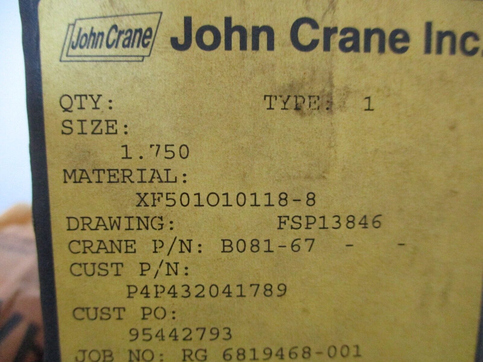 John Crane Mechanical Seal Assembly XF501O10118-8 Size: 1.750 New Surplus
