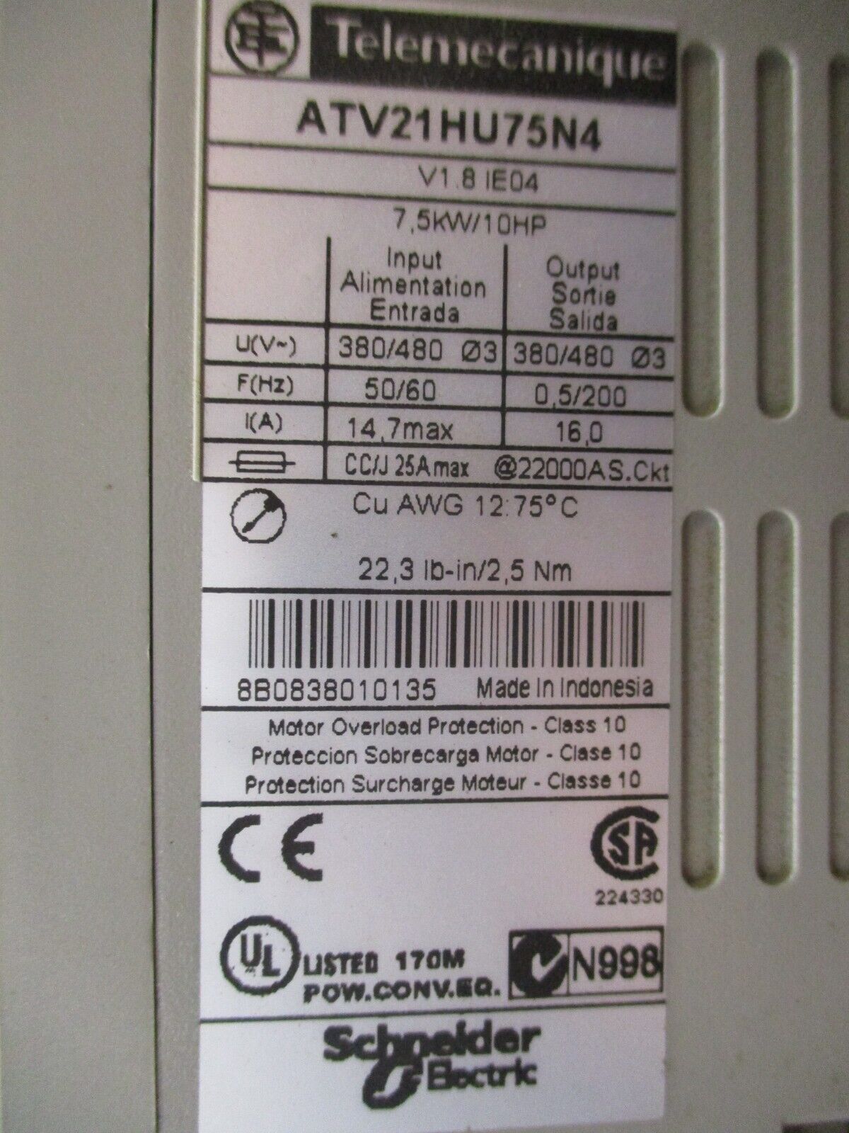 McQuay / Telemecanique AC Drive ATV21HU75N4 10HP 3Ph Used