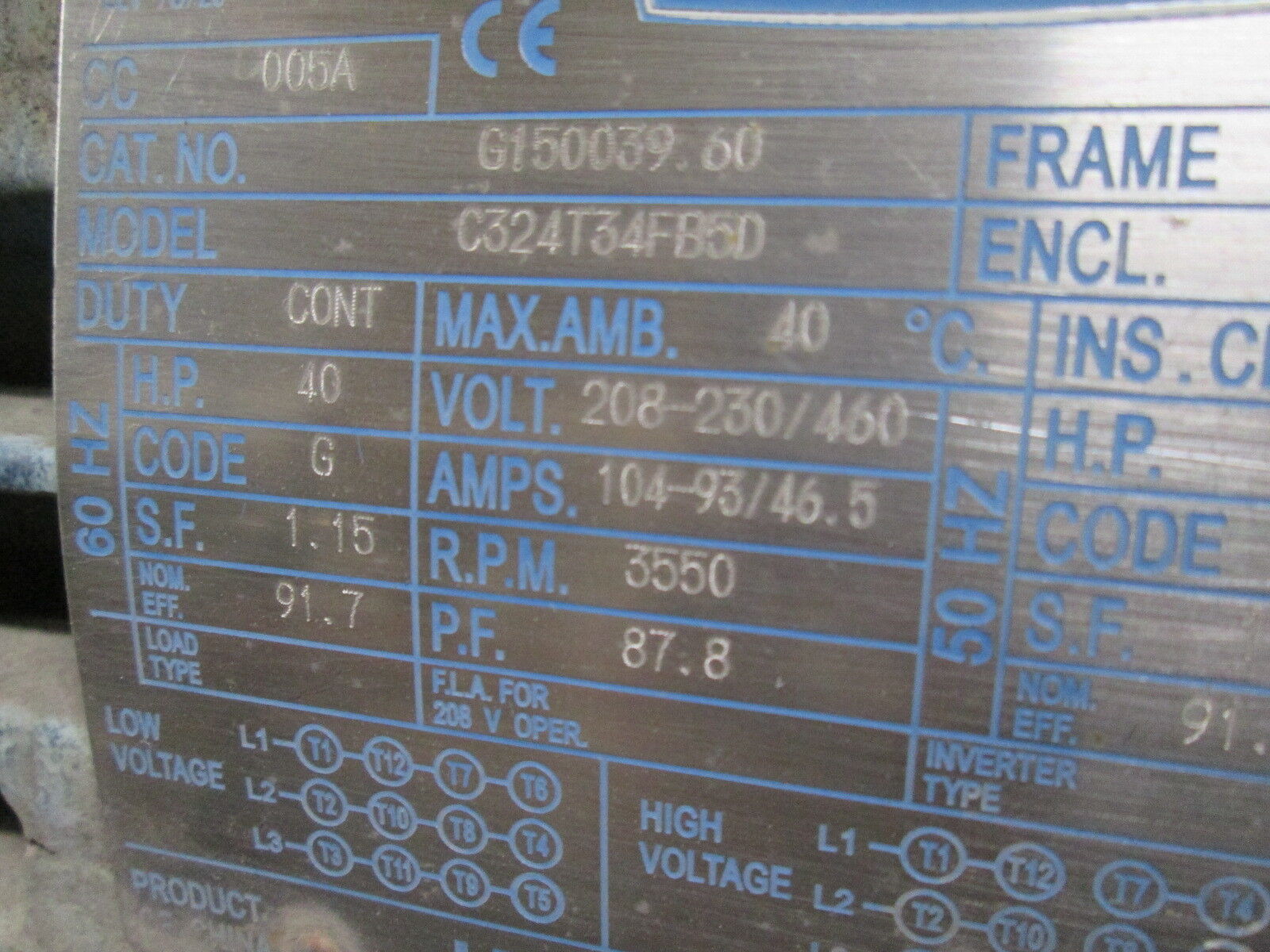 Leeson C324T34FB5D AC Motor G150039.60 40HP 3550RPM FR: 324TS ENCL: TEFC Used