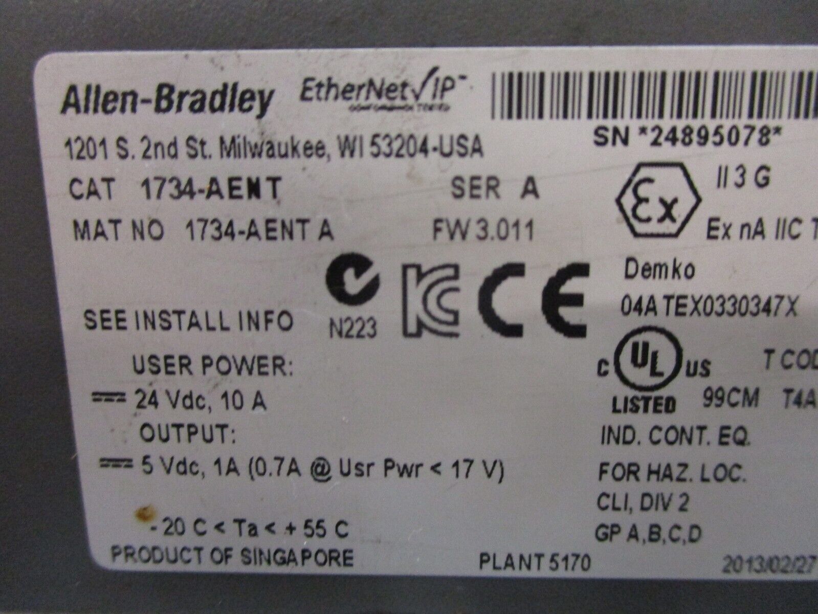 Allen-Bradley Ethernet / IP Adapter Module 1734-AENT Ser. A FW: 3.011 Used