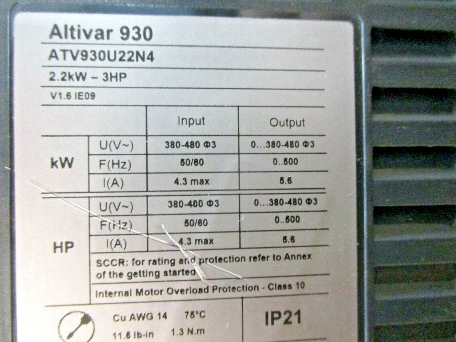 Schneider Electric Altivar 930 AC Drive ATV930U22N4 3HP 3Ph w/ Keypad Used