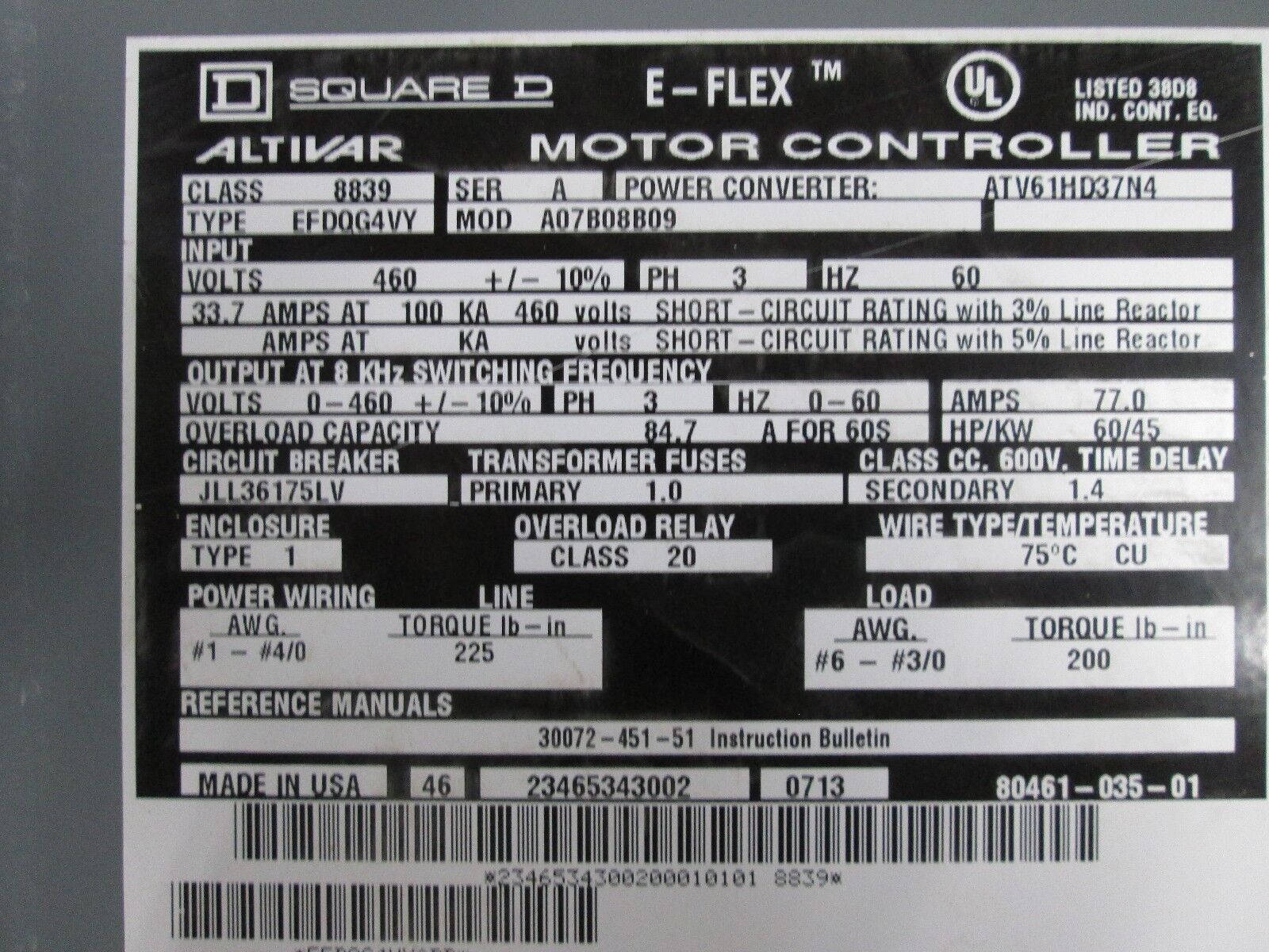 Square D E-Flex AC Drive w/ Bypass 8839 EFDQG4VY/ATV61HD37N4 60HP Used