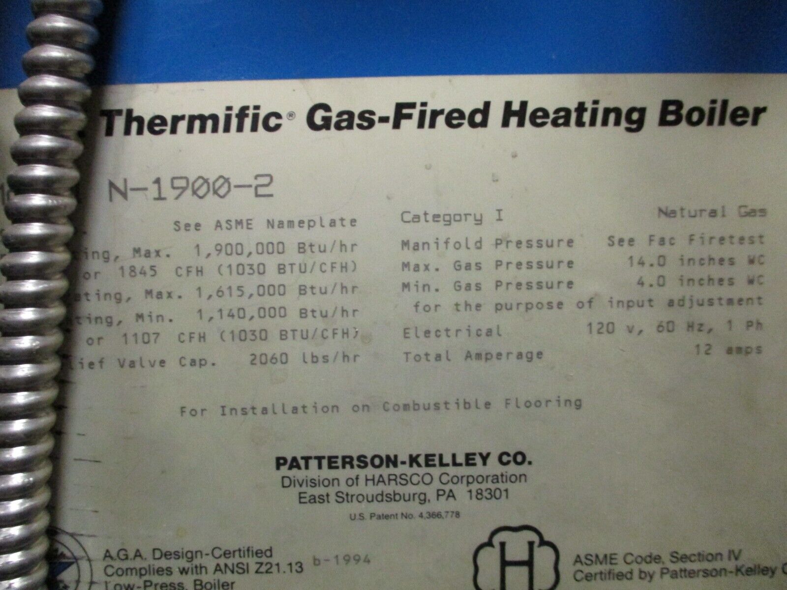 P-K Thermific Boiler N-1900-2 1,900,000 BTU Natural Gas 120V 1Ph 60Hz 12A Used