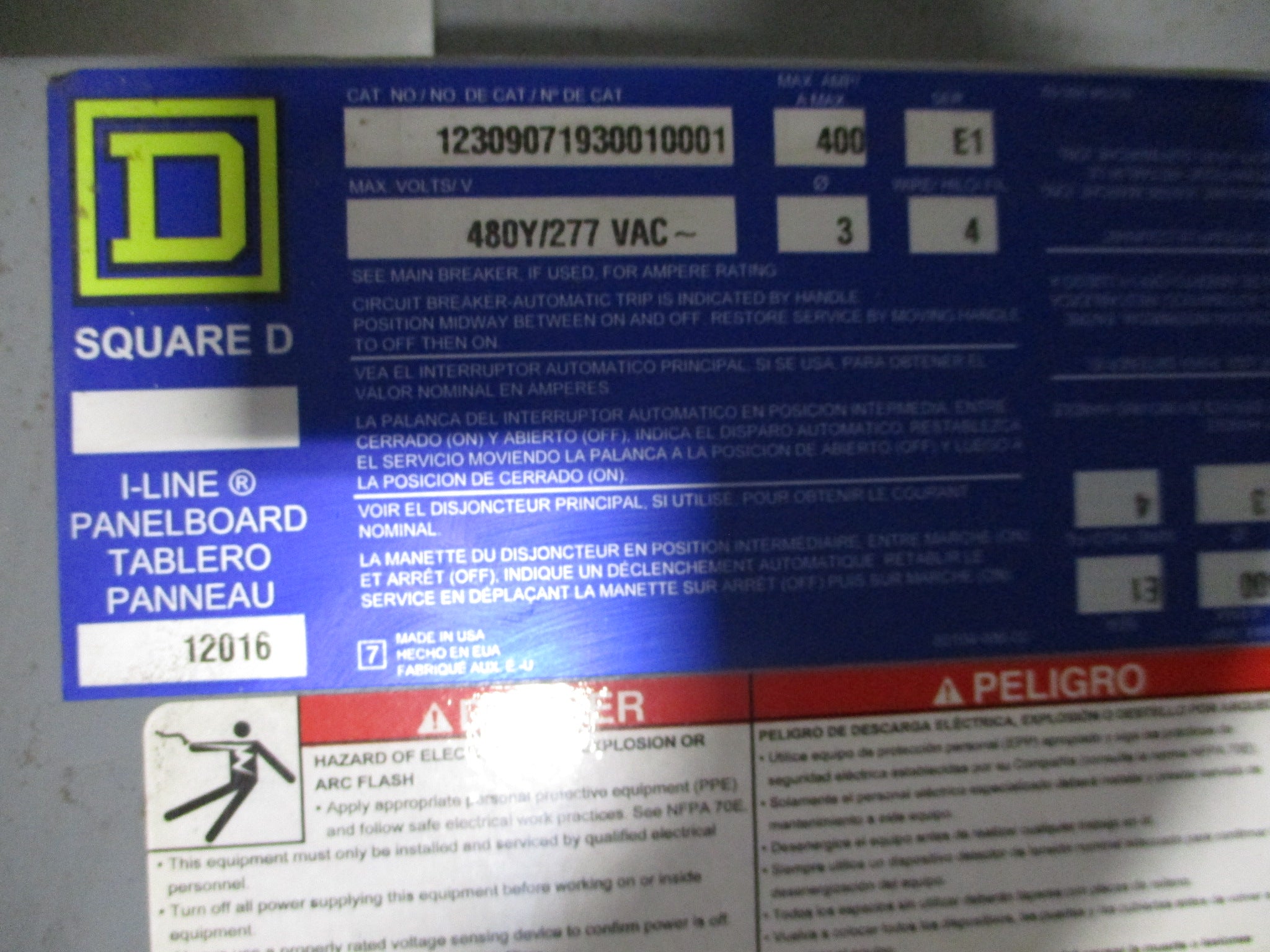 Square D I-Line Panel 12309071930010001 Ser. E1 400A 480Y/277V 3Ph 4W Used