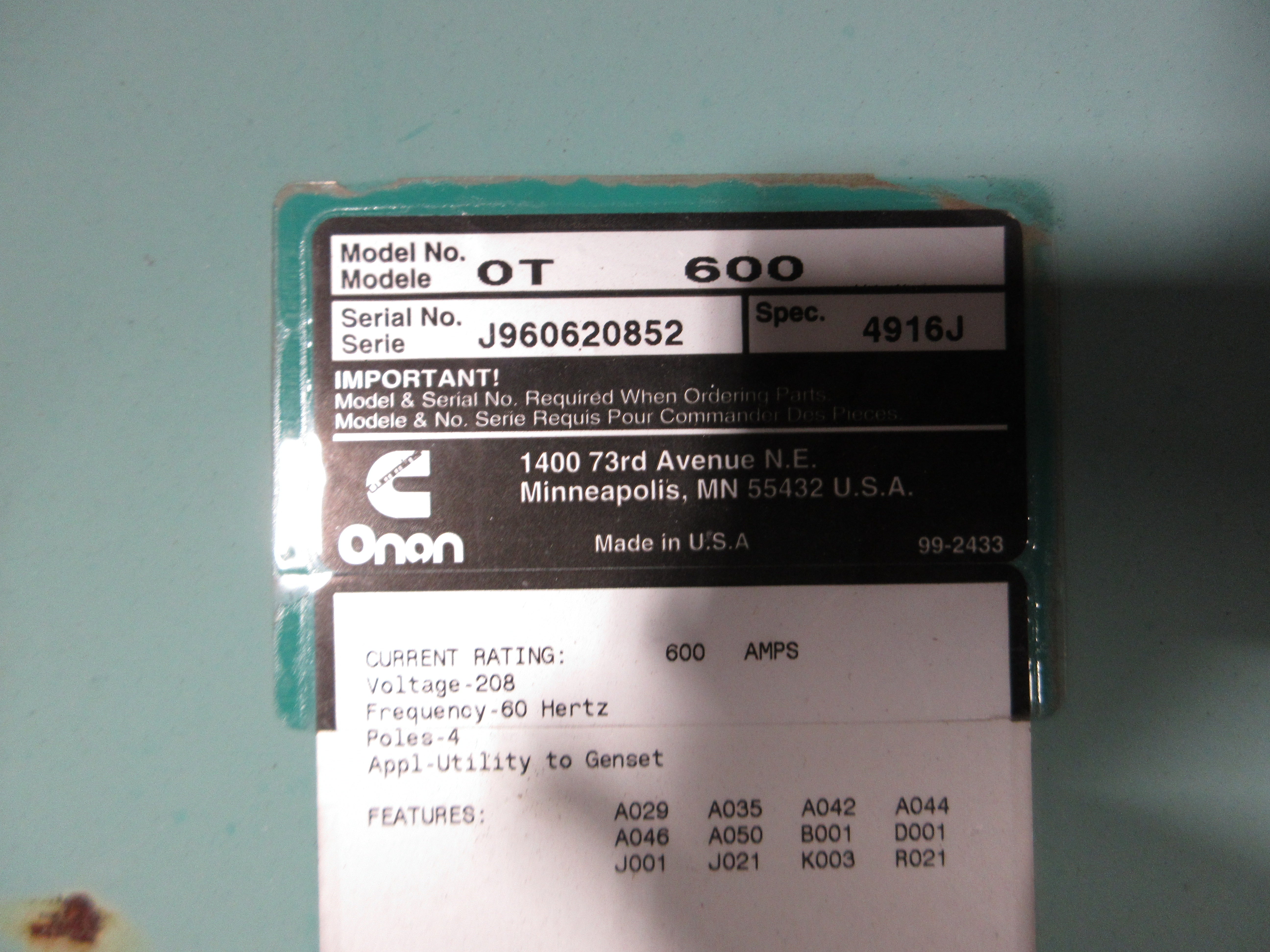 Onan Automatic Transfer Switch OT 600 600A 208V 60Hz 4P Used