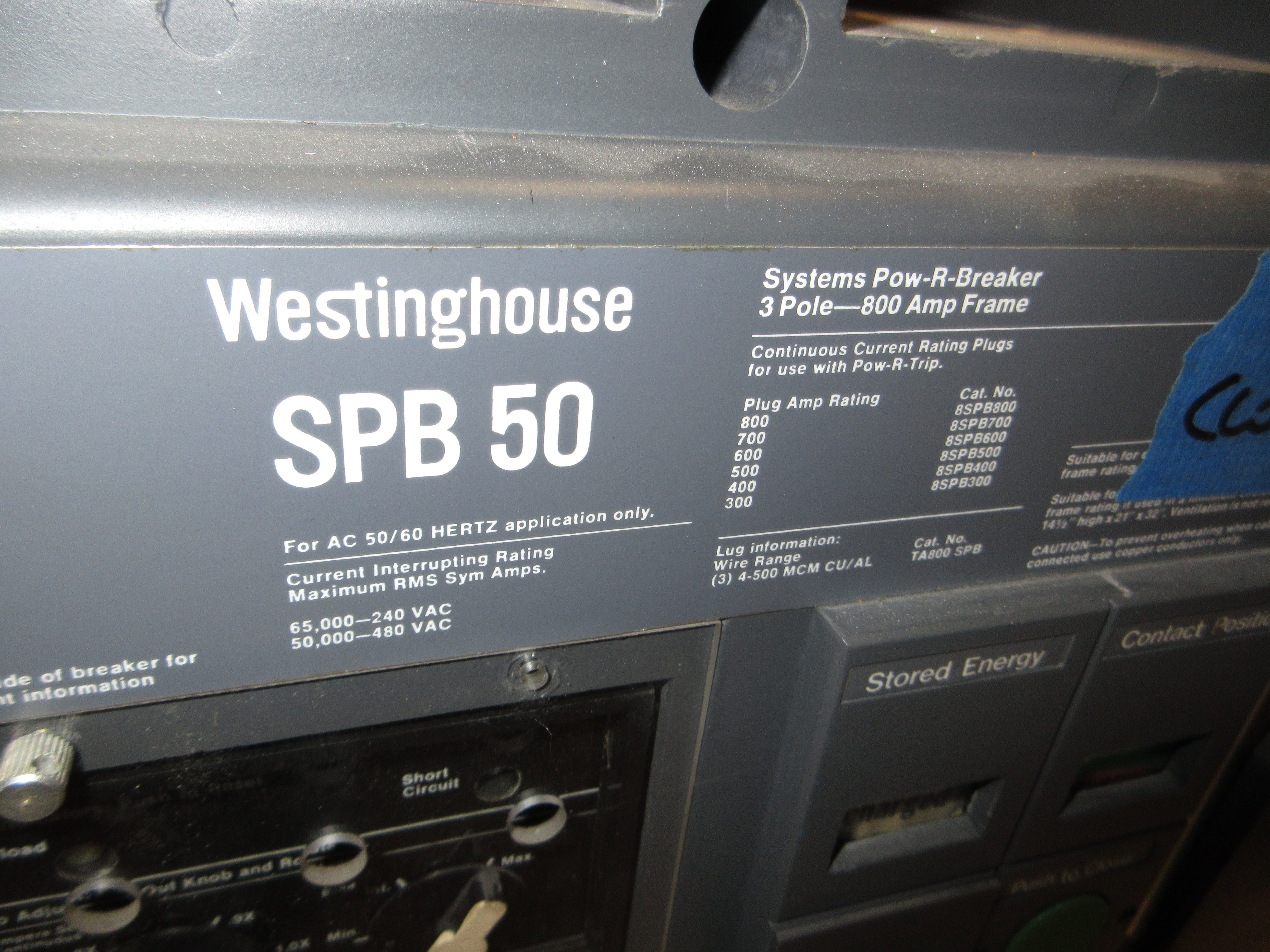 Westinghouse Circuit Breaker SPB 50 800A Frame 400A Plug 3P 50/60Hz Used