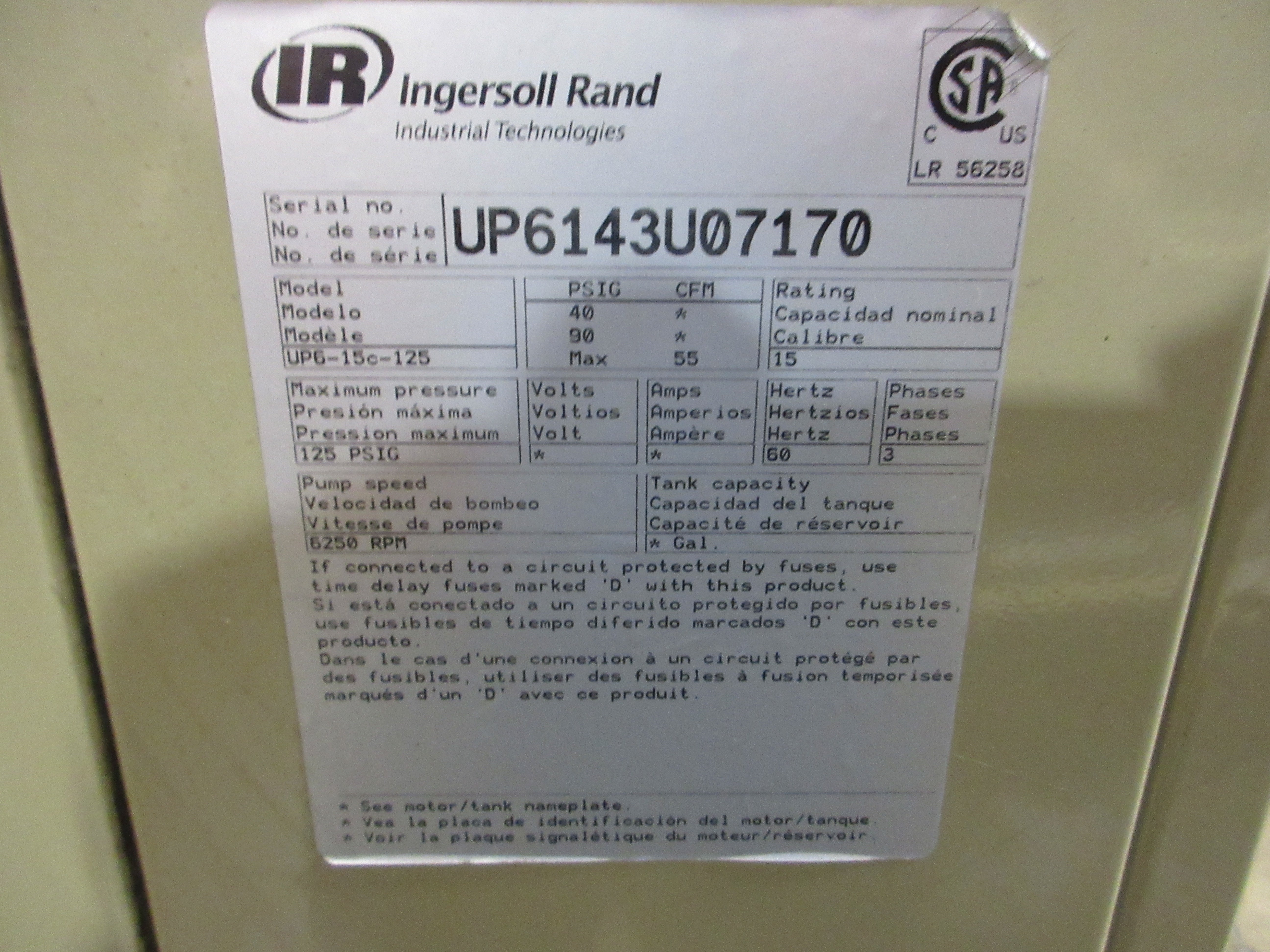 Ingersoll Rand Rotary Screw Air Compressor UP6-15c-125 55CFM 6250RPM 3Ph Used