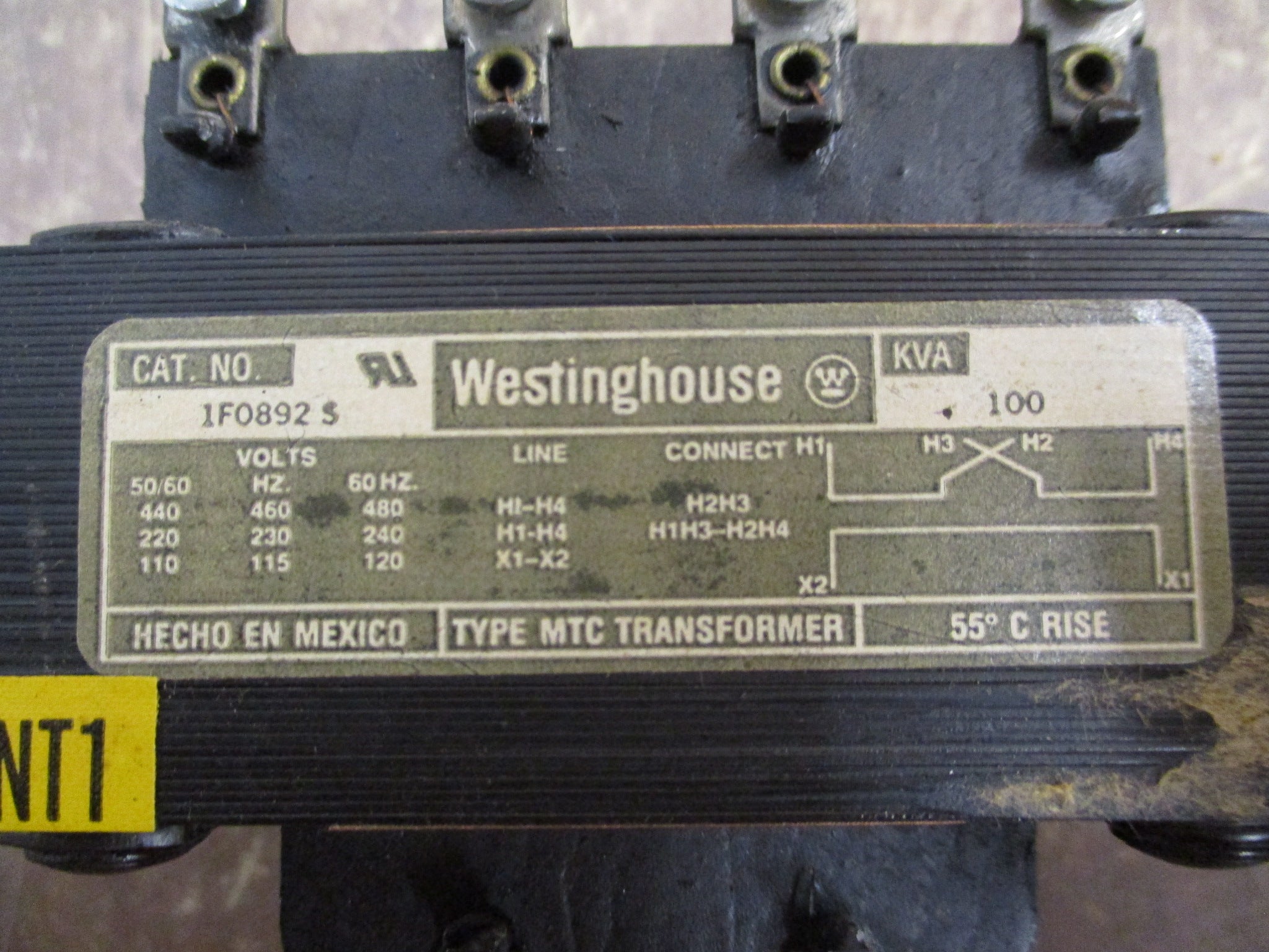 Westinghouse Type MTC Transformer 1F0892 S 0.100kVA Pri: 240/480V Sec: 120V