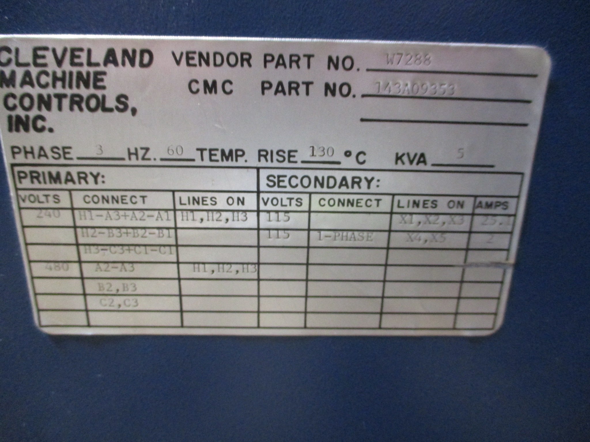 Cleveland Machine Controls Transformer 143A09353 5KVA 60Hz Used