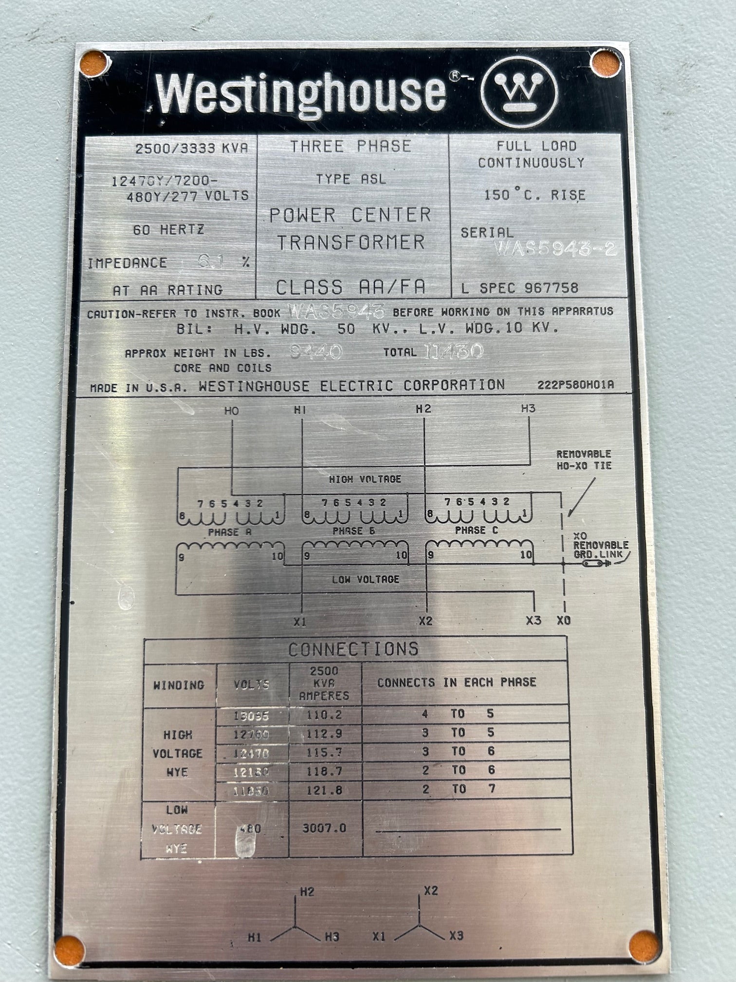 Westinghouse Transformer 2500/3333KVA 12470Y/7200 - 480Y/277V 60Hz 3Ph Used